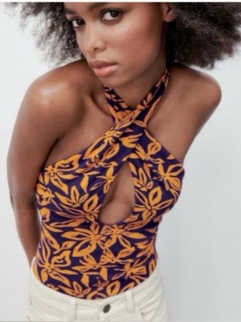 Zara Purple and Orange Floral Knit Halter bodysuit small